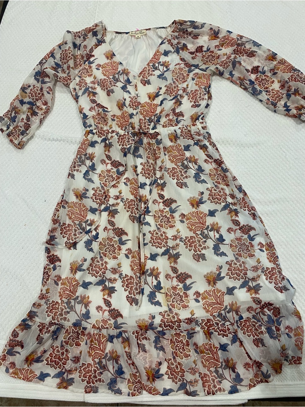 Boho Floral V-Neck Tiered Midi Dress - White with Rust & Blue